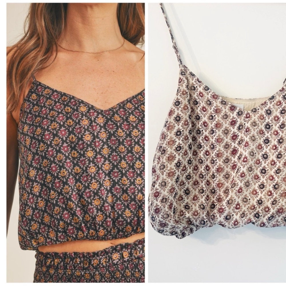 Floral Print Crop Top - Black and Cream